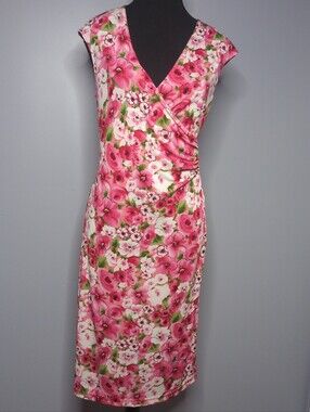 Vintage Connected Apparel Pink Floral Faux Wrap Wiggle Dress Midi M Made in USA